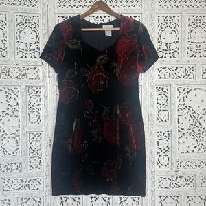 Vintage Worthington Petite Crushed Velvet Floral Metallic Knee Length Dress Sz M